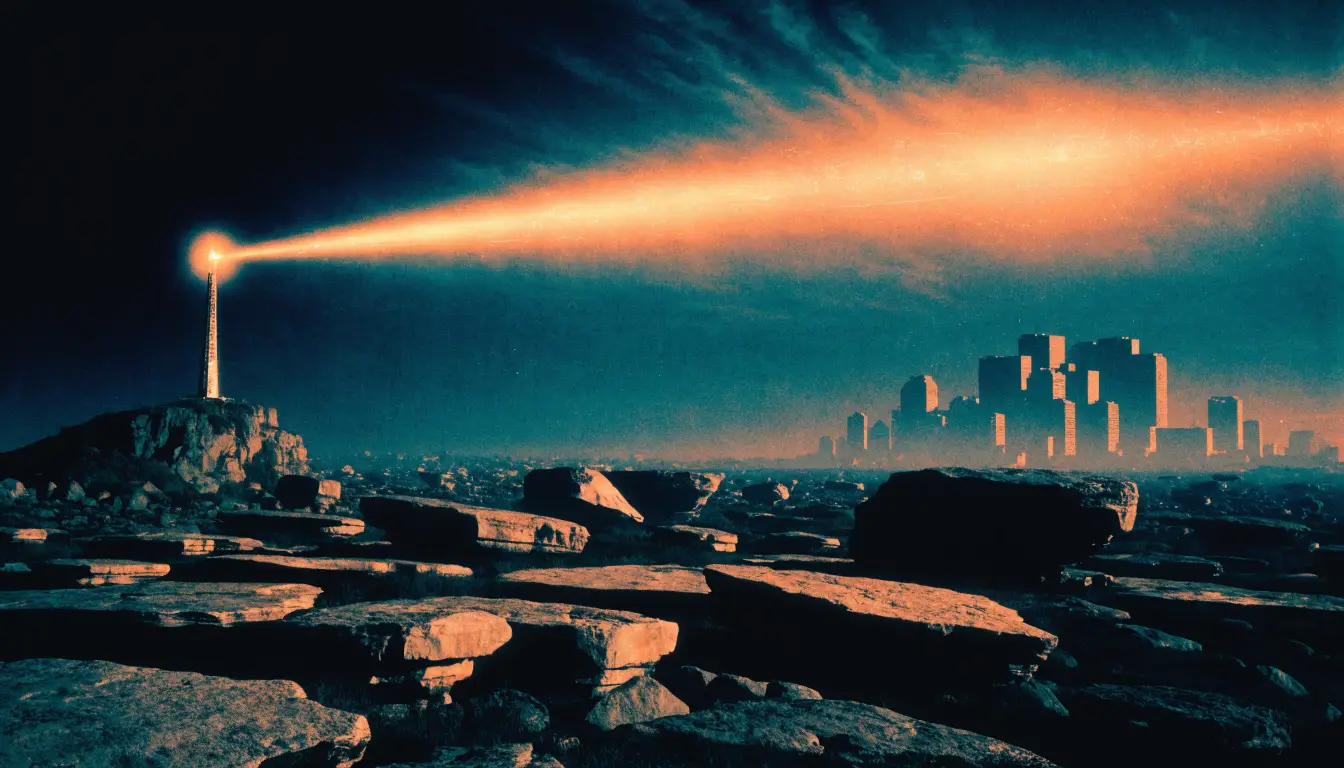 Retro sci-fi illustration of a broadcast tower transmitting a glowing signal across a night sky above a distant city