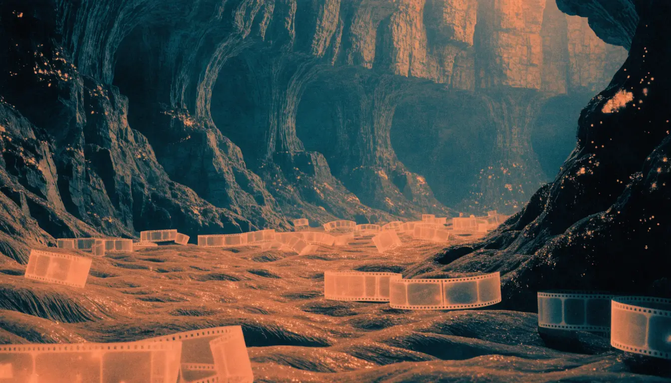 Retro sci-fi illustration of scattered film strips glowing on the floor of a bioluminescent alien cave
