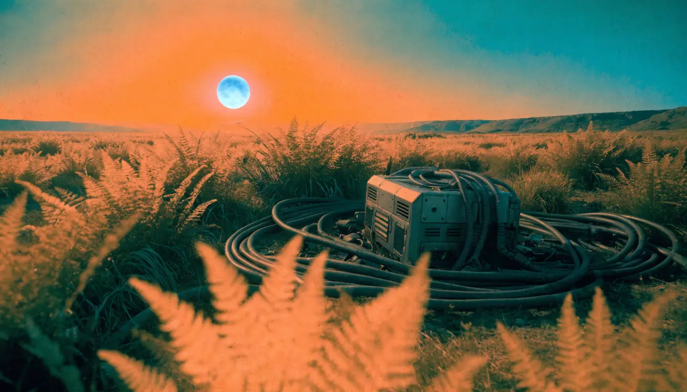 Retro sci-fi illustration of a weathered metal equipment case trailing coiled cables, sitting in orange fern grass beneath a small blue sun