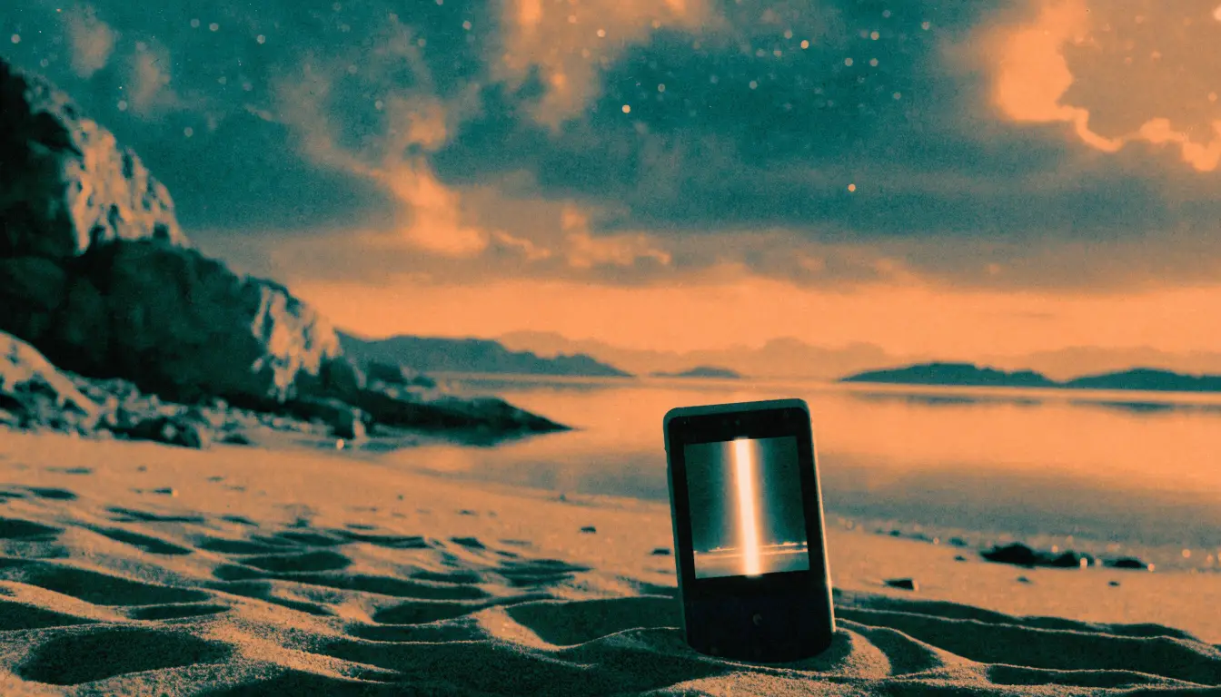 Retro sci-fi illustration of a phone playing a glowing vertical video, half sunk in the sand of a star-scattered alien shore