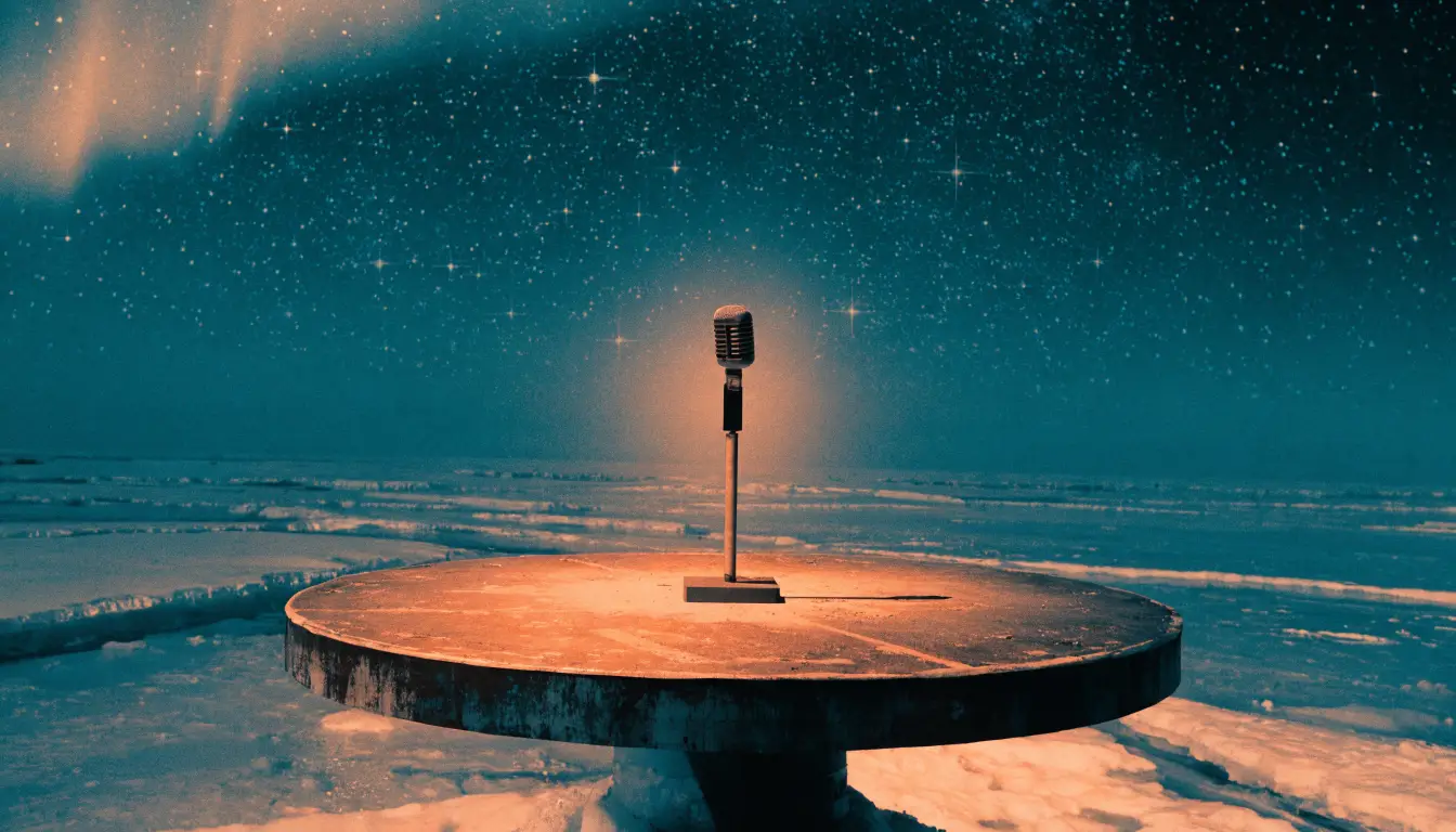 Retro sci-fi illustration of a broadcast microphone standing on a launch pad beneath a starfield