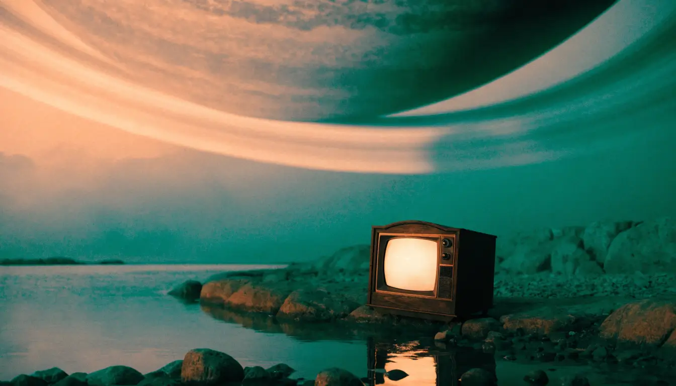 Retro 1970s sci-fi photograph of a wooden-cased vintage television glowing amber on the rocks at the edge of still teal alien water, beneath a vast ringed planet