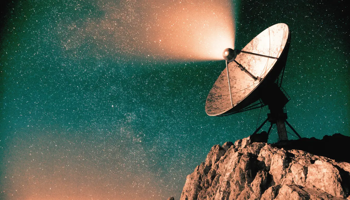 Retro sci-fi illustration of a satellite dish broadcasting podcast news across a starfield
