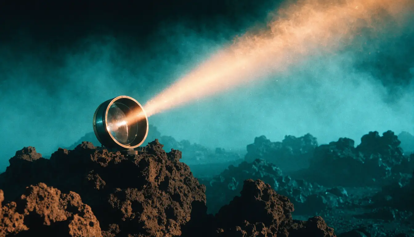 Retro 1970s sci-fi photograph of a single vintage projector lens standing on burnt orange volcanic rock, casting one narrow amber beam across a deep teal misted alien valley
