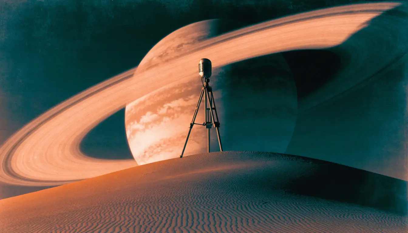 Retro 1970s sci-fi illustration of a microphone mounted on a surveyor's tripod on an orange dune beneath a huge ringed planet