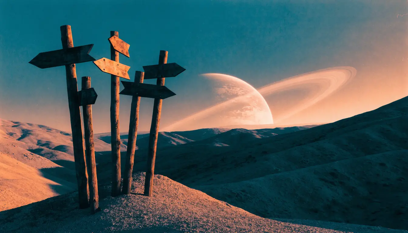 Retro sci-fi illustration of six weathered trail marker posts pointing in different directions on a ridge, a ringed planet rising behind them